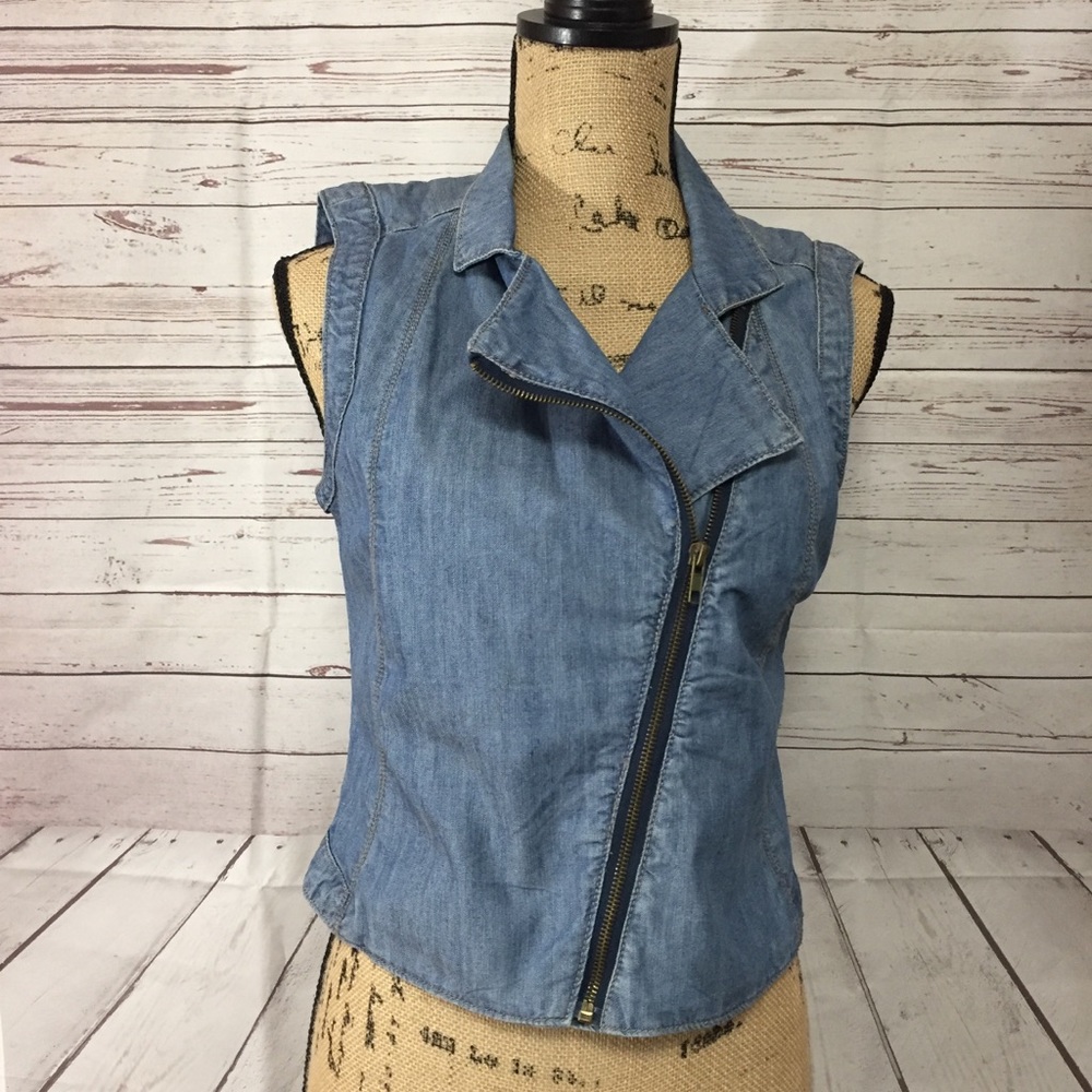 Caché Chambray Zip Up Jacket Sleeveless Casual XS
